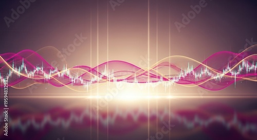 Magenta gold wave patterns, soft volumetric lighting, holographic layers, light streaks, soft reflections, modern business investment visuals.