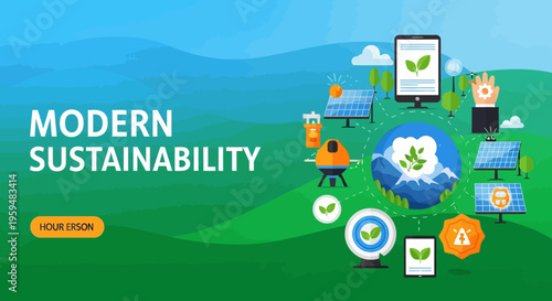 Eco friendly icons, modern sustainability symbols, green technology illustrations, environmental conservation graphics
