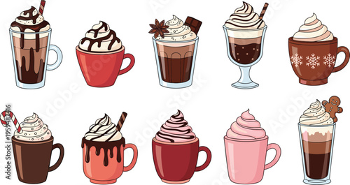 Coffee and hot chocolate drinks set with whipped cream and toppings. Cute vector illustration of cafe beverages. Cozy dessert drinks isolated for menu design.