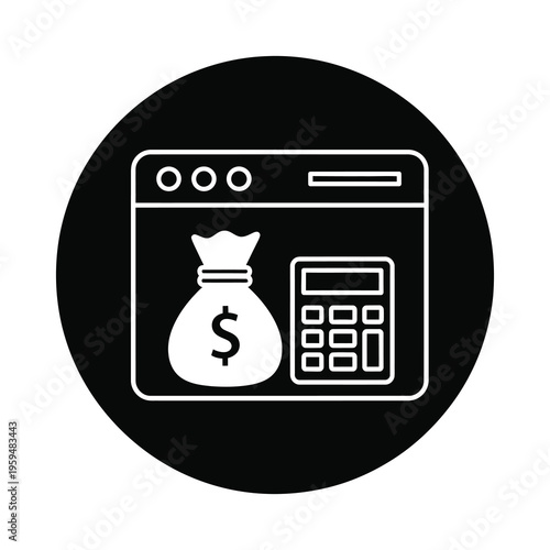 Business finance icon with money bag and calculator in browser  financial concept icon