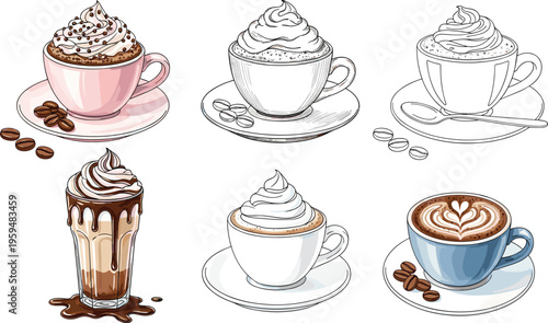 Coffee drinks set with latte, cappuccino and whipped cream. Hand drawn and colored vector illustration of cafe beverages. Cozy menu elements isolated.