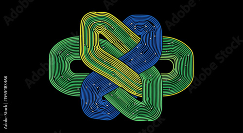 Abstract interwoven strands of blue, green, and yellow form a complex, looping knot