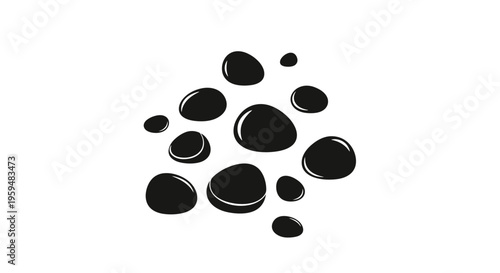 A cluster of smooth, black pebbles of varying sizes scattered on a white background