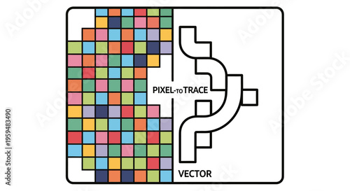 Divided image colorful pixel grid transforms into abstract vector lines