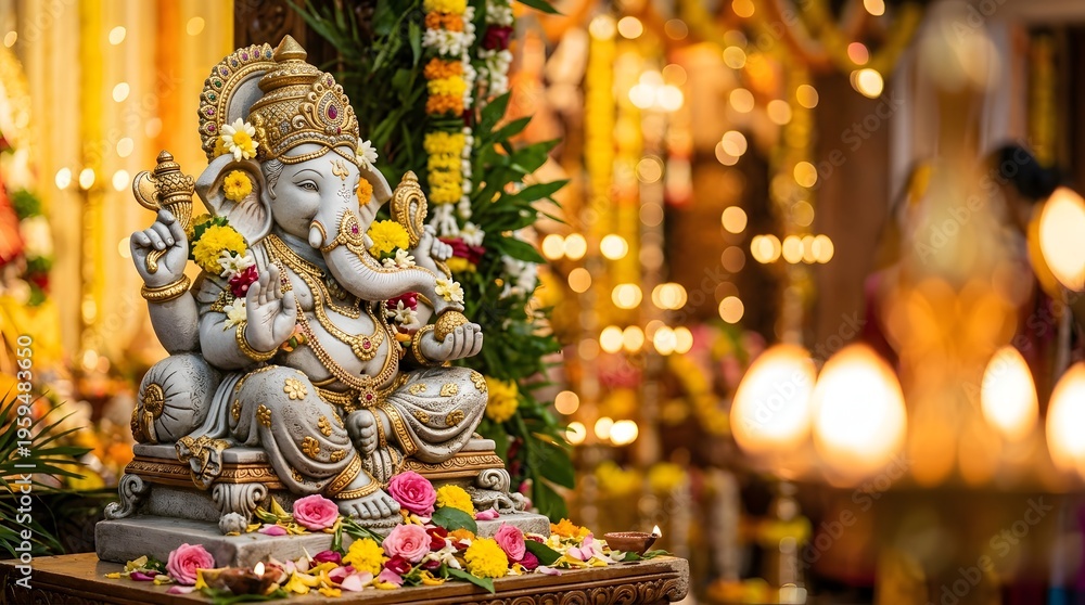 Fototapeta premium Intricate Ganesha Statue Adorned with Flowers in Festive Setting