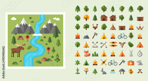 Camping and Outdoor Adventure Map Builder Kit with Flat Vector Icons of Nature, Wildlife, and Hiking Gear