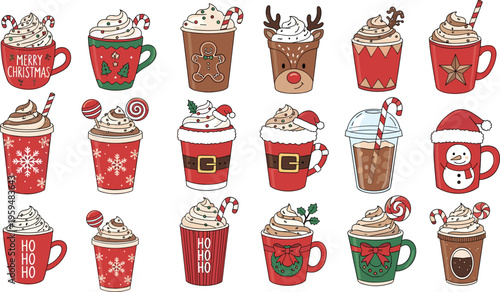 Christmas coffee cups collection with festive decorations and whipped cream drinks. Cute vector illustration of holiday beverages. Cozy winter cafe elements isolated.