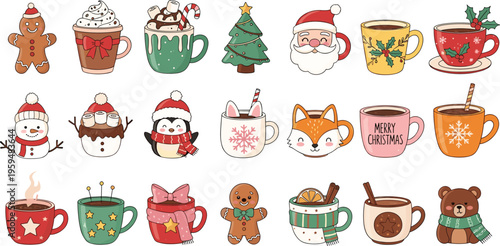 Christmas coffee cups and characters set with festive decorations. Cute vector illustration with holiday drinks and animals. Cozy winter elements isolated for design.