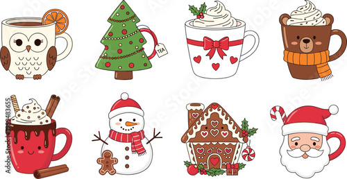 Christmas coffee cups set with cute holiday characters and decorations. Festive vector illustration with Santa, snowman and gingerbread house. Cozy winter drinks isolated.