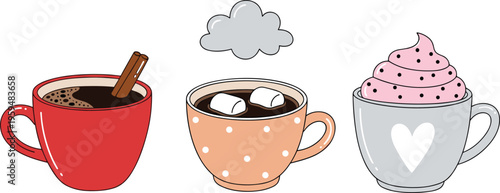 Cute hot drinks set with coffee and cocoa cups. Cartoon vector illustration with marshmallows and whipped cream. Cozy winter beverages isolated for design.