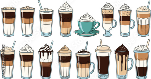 Coffee drinks collection with latte, cappuccino and layered beverages. Detailed vector illustration of cafe drinks with whipped cream. Menu elements isolated for design.
