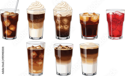 Iced coffee drinks collection with layered beverages and cold drinks. Realistic vector illustration of cafe refreshments. Modern drink set isolated for menu design.