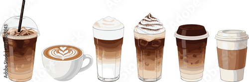 Coffee drinks set with latte, iced coffee and takeaway cups. Realistic vector illustration of layered cafe beverages. Modern menu elements isolated for design.