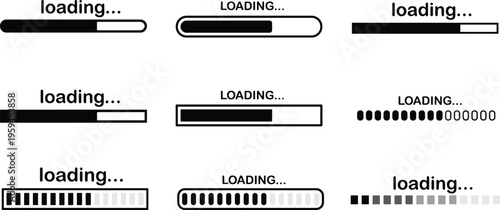 Load indicator. Loading status bar, download progress and line upload or file transfer waiting bars vector symbols set. Line visualization elements collection