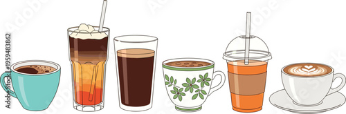Coffee and tea drinks set with latte, iced beverages and herbal cup. Cute vector illustration of cafe drinks. Modern menu elements isolated for design.