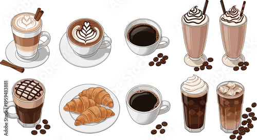 Coffee and breakfast set with latte, cappuccino, croissant and iced drinks. Detailed vector illustration of cafe beverages. Cozy menu elements isolated for design.
