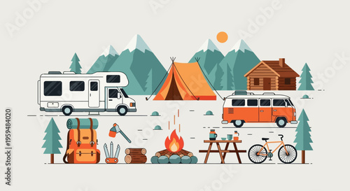 Camping and Outdoor Adventure Vector Illustration featuring RV, Camper Van, Tent, Log Cabin, and Mountain Landscape for Travel and Tourism Concepts
