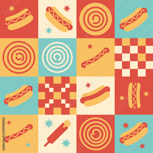Seamless Geometric Hot Dog Pattern in Bauhaus Style with Mustard Spiral and Retro Grid for Food Wrap Paper and Fast Food Branding