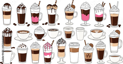 Large coffee drinks collection with latte, cappuccino and dessert beverages. Detailed vector illustration of cafe drinks with whipped cream. Menu elements isolated.