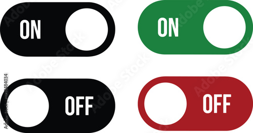 ON OFF toggles switch buttons vector set. Green and red On Off switcher icons. Modern web and mobile app switch button interface elements. Setting toggle icon design. Vector illustration.