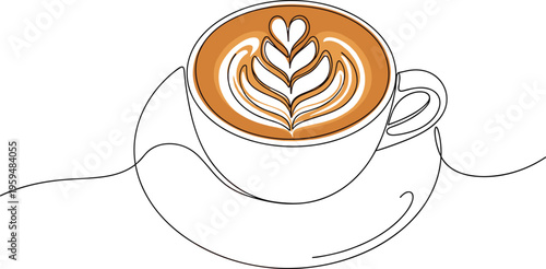 Coffee cup with latte art in minimal line style. Modern vector illustration of cappuccino drink. Elegant cafe beverage isolated for design.
