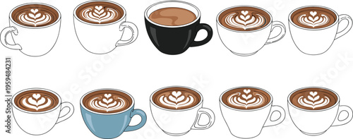 Coffee cups set with latte art variations in different styles. Flat vector illustration of cappuccino drinks. Modern cafe beverages isolated for menu design.