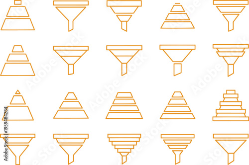 Seamless pattern featuring various outline funnels and inverted pyramids for data flow or filtering concepts