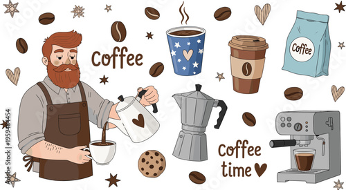 Barista coffee set with character, beans and cafe equipment. Cute hand drawn vector illustration with drinks and lettering. Cozy coffee time elements isolated.