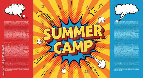 Summer Camp Comic Book Style Poster Template with Pop Art Retro Background and Halftone Dots