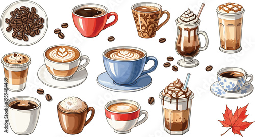 Coffee drinks collection with cups, latte art and dessert beverages. Detailed vector illustration with beans and autumn leaf. Cozy cafe set isolated for menu design.