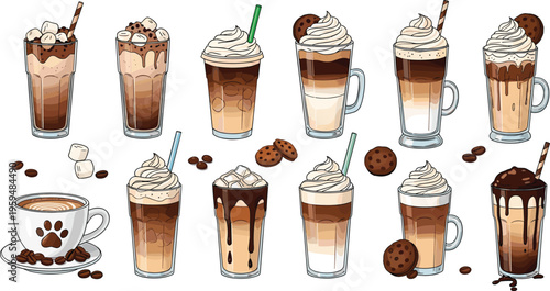 Sweet coffee drinks collection with whipped cream, cookies and chocolate. Detailed vector illustration of latte and frappuccino beverages. Cafe desserts isolated for menu design.