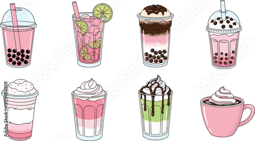 Bubble tea and sweet drinks collection with milkshakes and whipped cream. Cute vector illustration of colorful beverages. Trendy dessert drinks isolated for cafe menu.