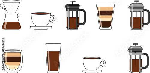 Coffee brewing and drinks set with French press, dripper and layered latte. Flat vector illustration of cafe beverages and equipment. Modern collection isolated.