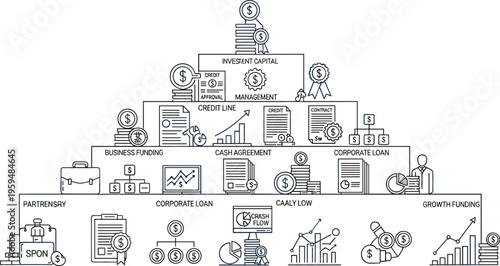Financial growth pyramid concept with investment management cashflow crowdfunding and business funding stages line vector illustration for corporate strategy planning
