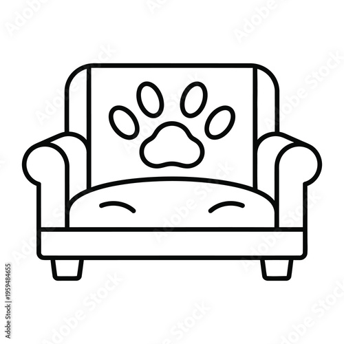 Line drawing of armchair with paw print on backrest isolated on white background icon