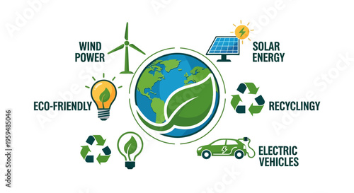 Eco friendly icons, sustainable energy symbols, green technology logos, environmental conservation graphics