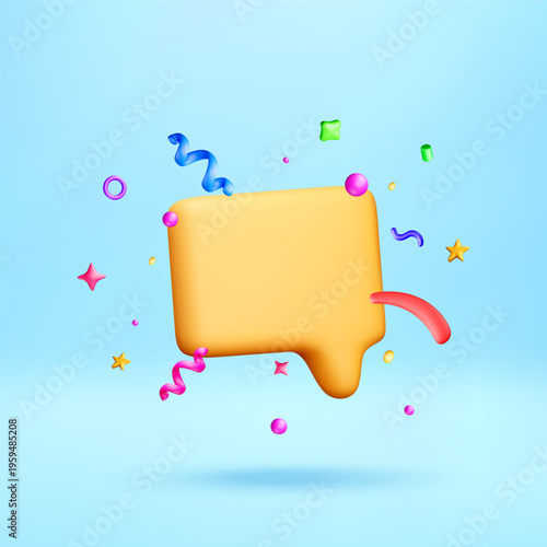3d render of yellow speech bubble with colorful confetti floating elements. Message communication design element for digital marketing and interface. Playful banner mock up vector illustration.