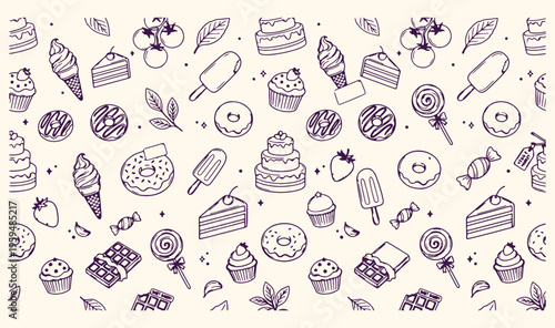  Bakery dessert doodle pattern, sweet cakes and pastry background, hand drawn cupcake sketch texture, seamless donut and ice cream wallpaper, sugary treats decorative design, cafe menu sweet food art,