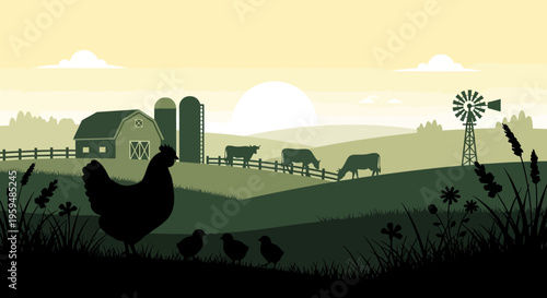 Peaceful Farm Landscape Silhouette with Chicken, Cows, Barn and Windmill at Sunrise