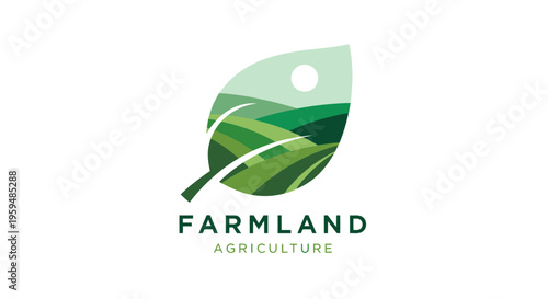 Modern Farmland Agriculture Logo Featuring a Stylized Green Leaf with Rolling Hills and Sun, Sustainable Farming and Eco-Friendly Organic Industry Concept