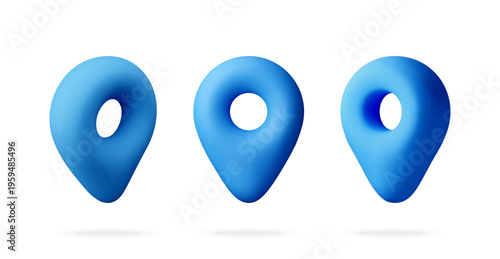 Blue plastic location pin icons set. 3d navigation map markers for digital map application interface and destination search. Isometric rendering for travel and logistics service. Vector illustration