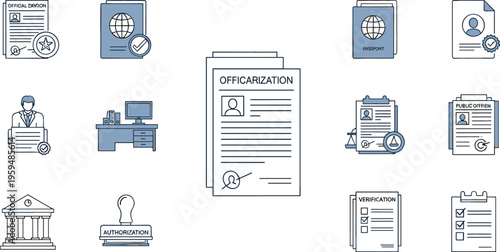 Legal documentation and authorization concept with certificates passport contracts and official paperwork icons modern line vector illustration set for business and law
