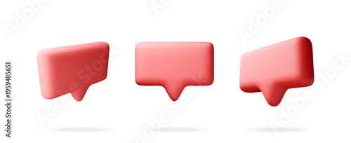 Red 3d speech bubble icon set isolated on white background. Minimalist chat message notification symbol for web design. Digital interface element for social media communication. Vector illustration