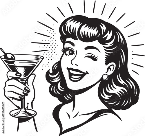 retro woman, cocktail girl, pin up girl, vintage illustration, martini glass, retro party, pop art style, woman drinking, vintage lady, 