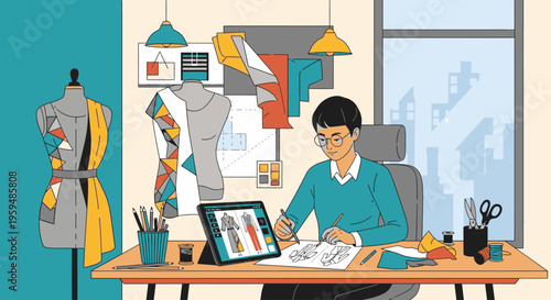 A young designer works at a desk with a laptop and papers in a colorful, modern office with a dress form and city view.