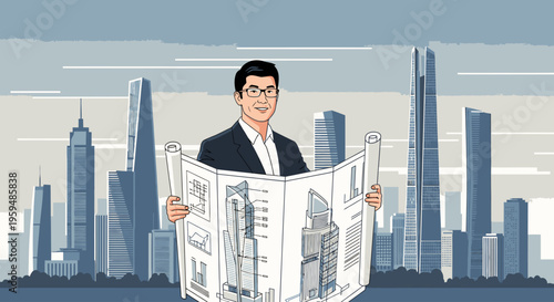 Illustration of a businessman reading a large architectural blueprint in front of a modern city skyline with tall skyscrapers.