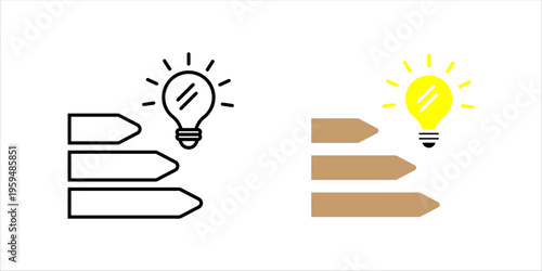 Minimal outline icon set. of directional arrows with light bulb representing business strategy, decision making, and idea direction.