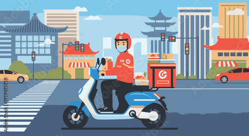 Illustration of a delivery rider on a scooter in a cityscape with Asian architectural elements and a daytime setting.