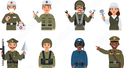 Military personnel and army service characters set with soldier medic engineer pilot and officer avatars cartoon flat vector illustration collection