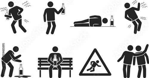 Black and white showing various consequences of excessive alcohol consumption including dizziness, falling, and passing out